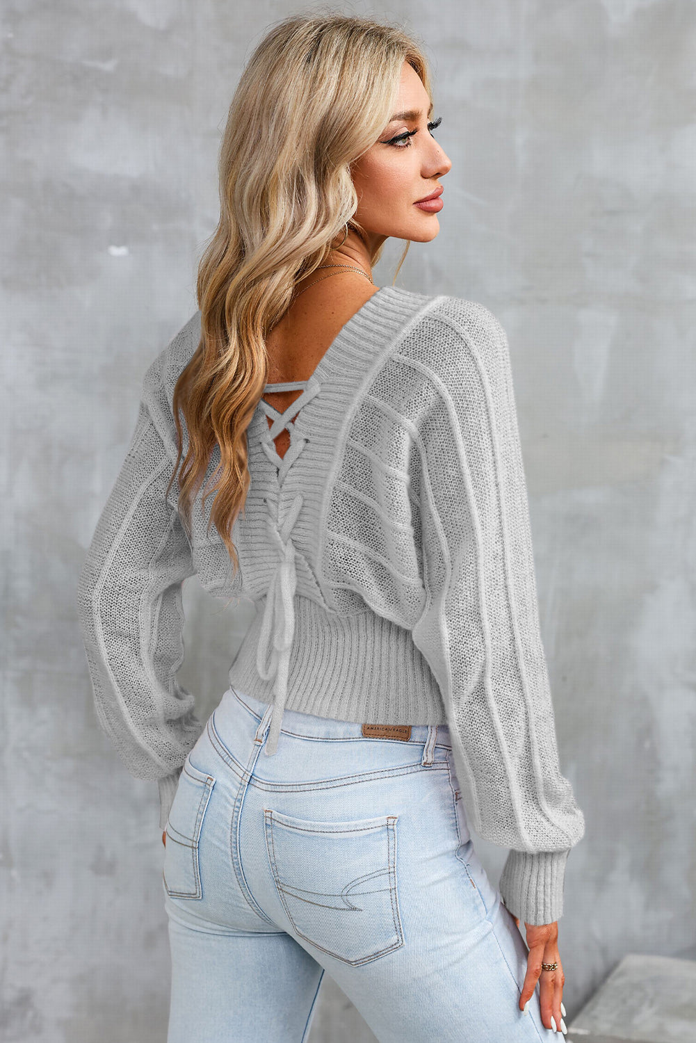 Surplice Neck Lace-Up Sweater