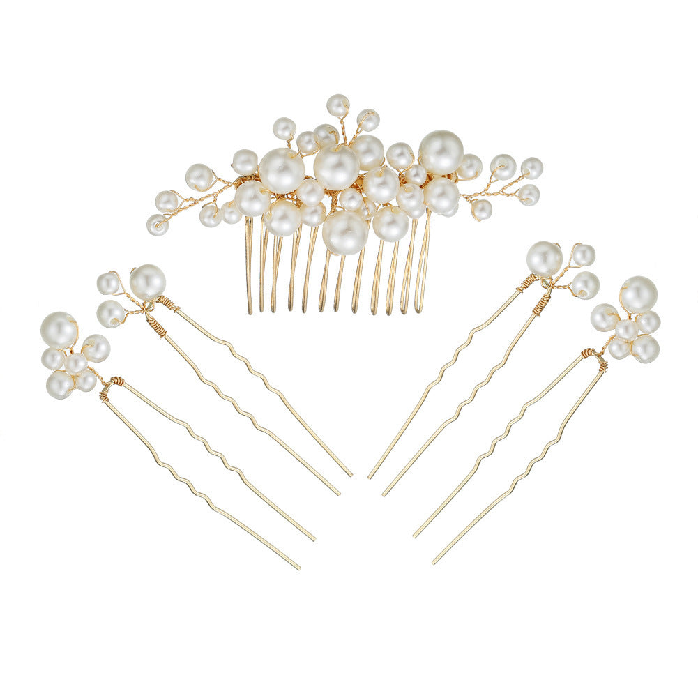 Handmade Pearl U-Shaped Hairpin Bridesmaid Wedding Dress Tiara Set