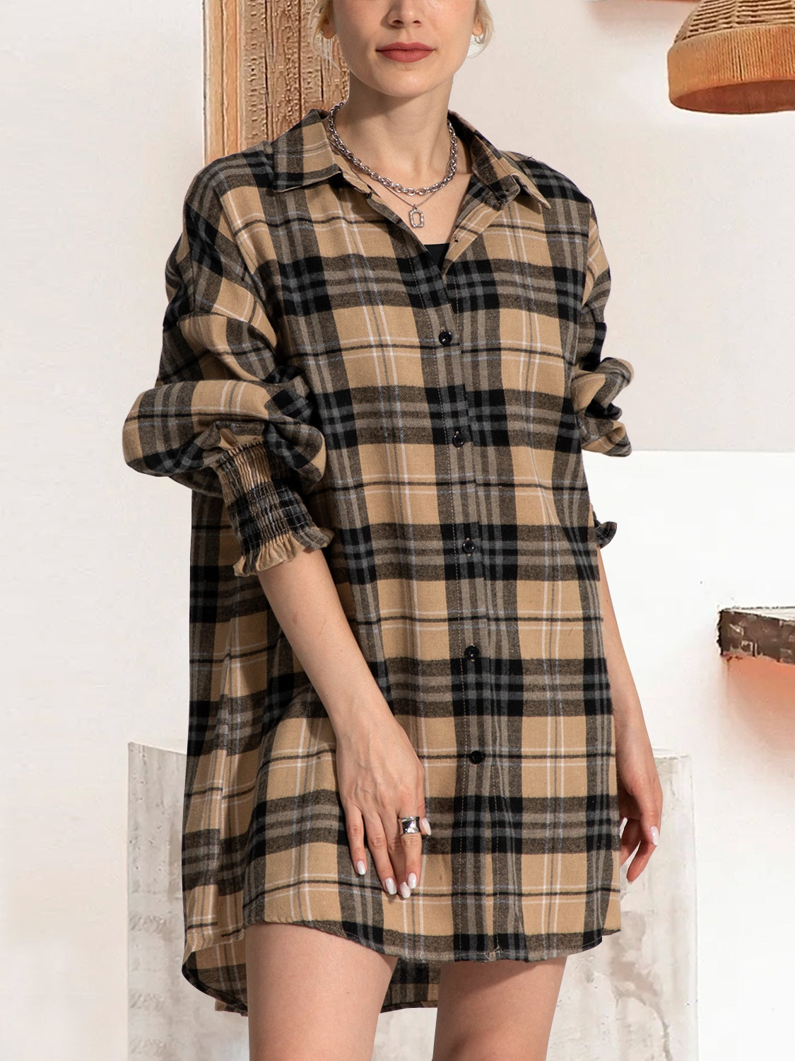 FAM-FAM Button Up Plaid Long Sleeve Shirt Dress