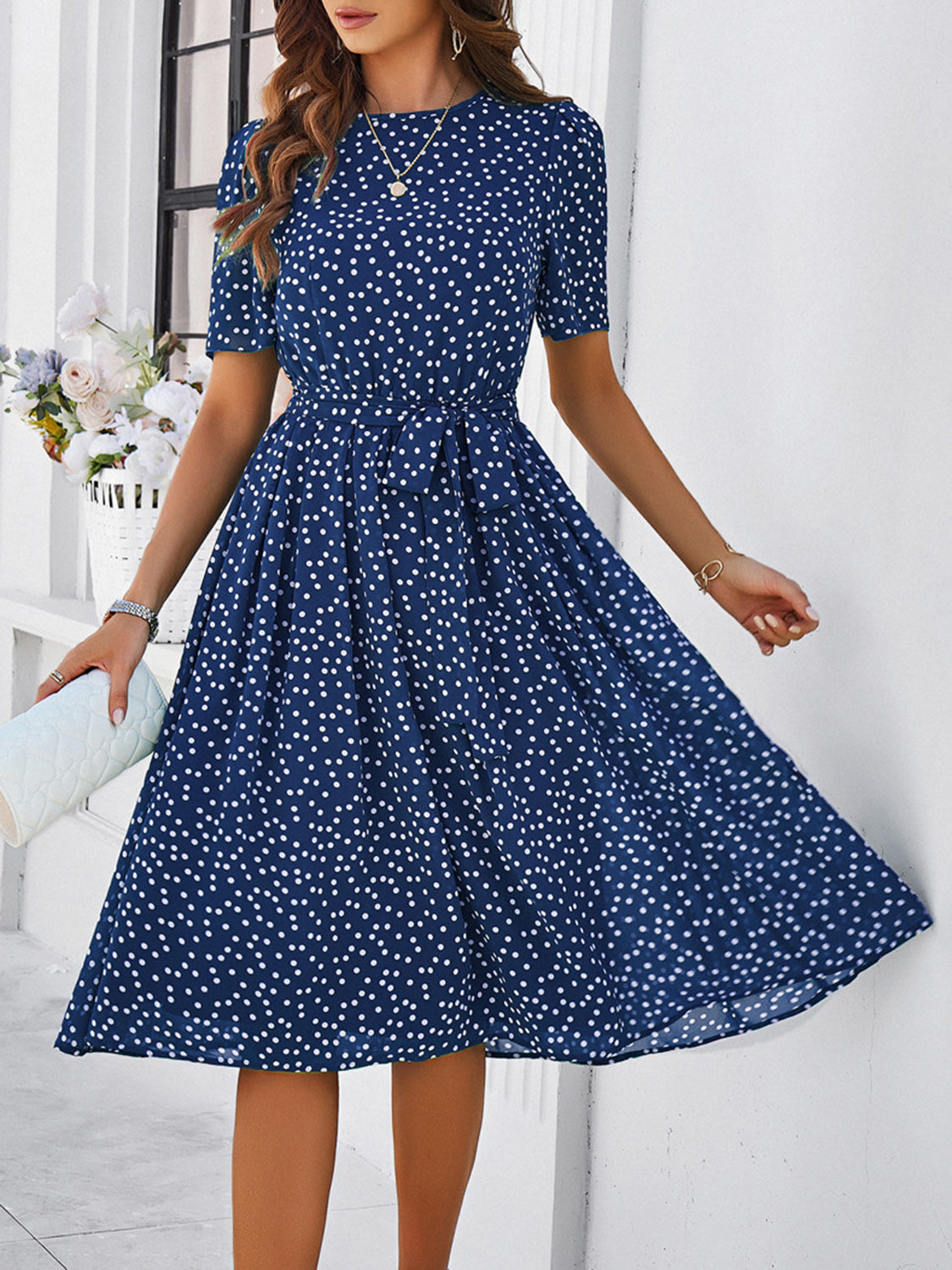 Devine Printed Round Neck Short Sleeve Dress