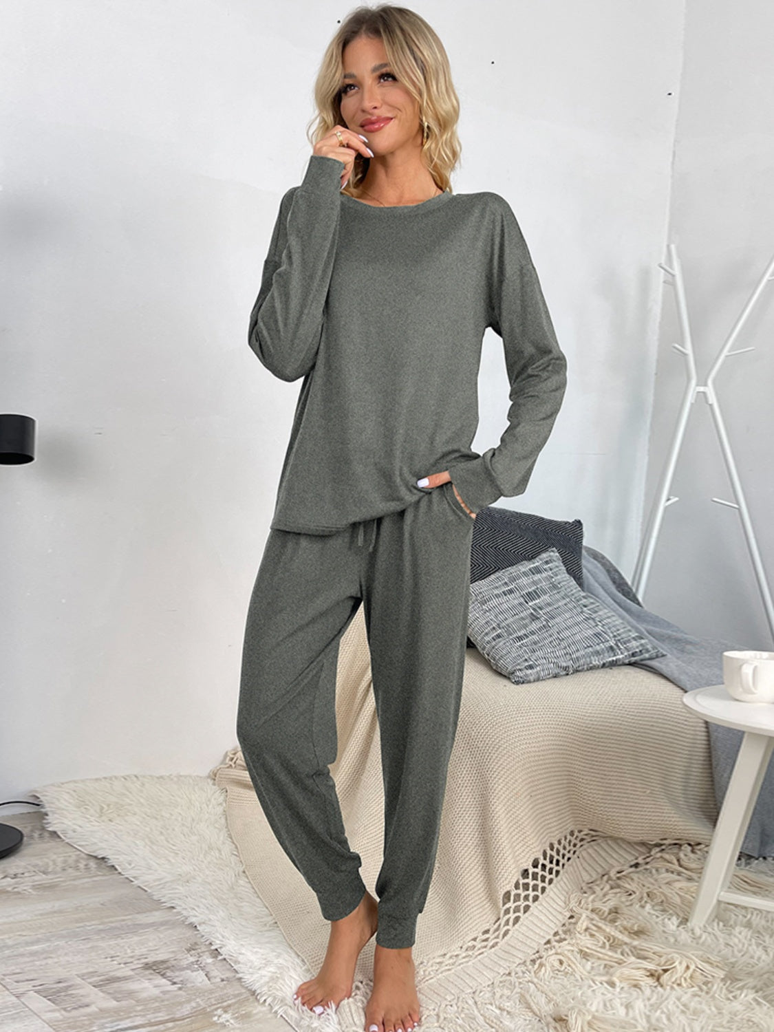 Round Neck Top and Drawstring Pants Lounge Set