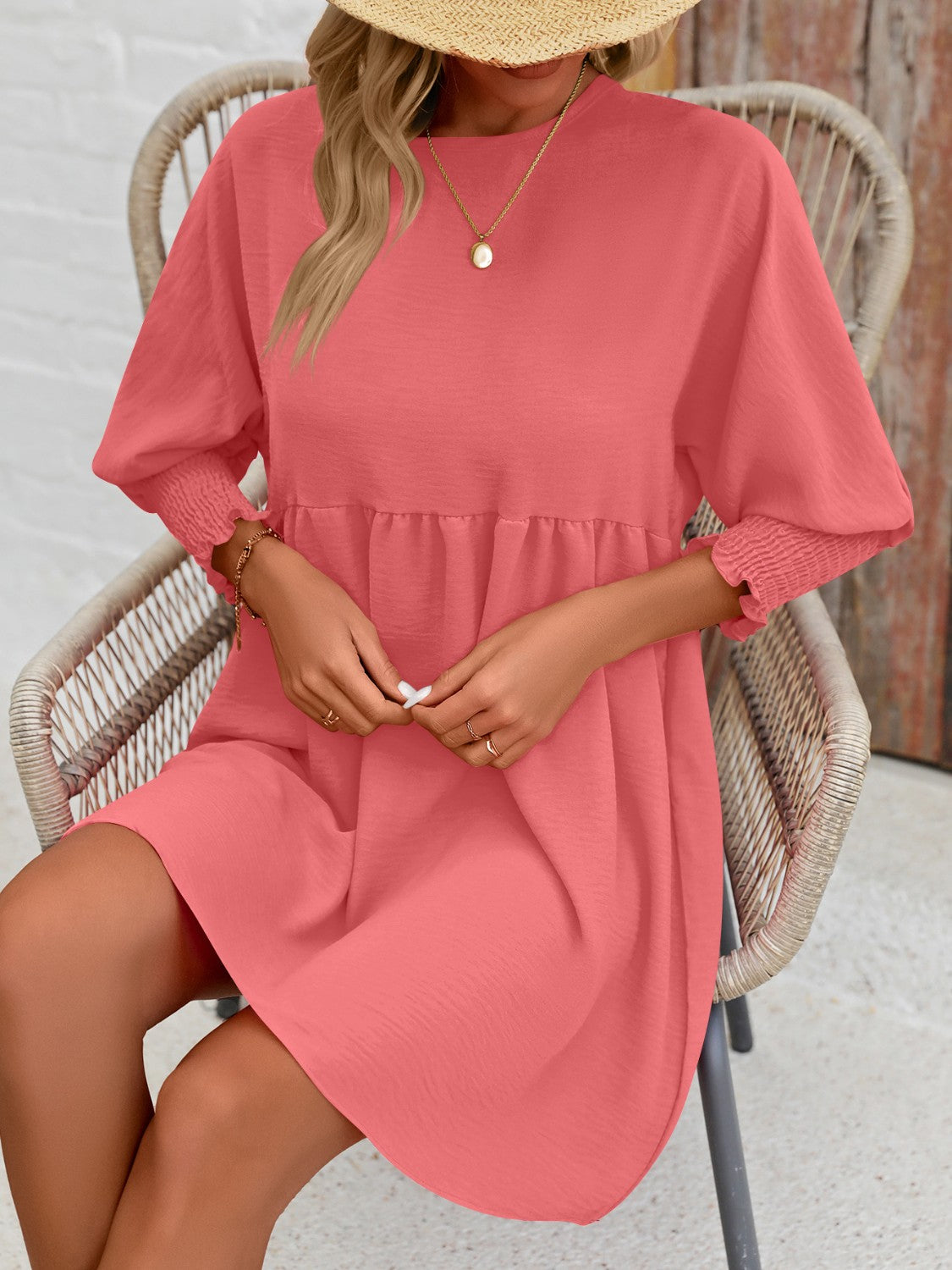 Round Neck Lantern Sleeve Mini Dress