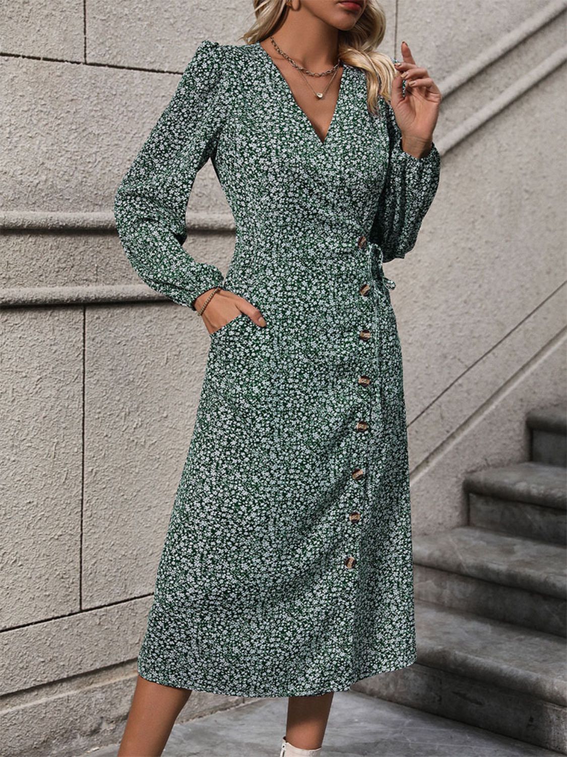 Perfee Printed Surplice Long Sleeve Midi Dress