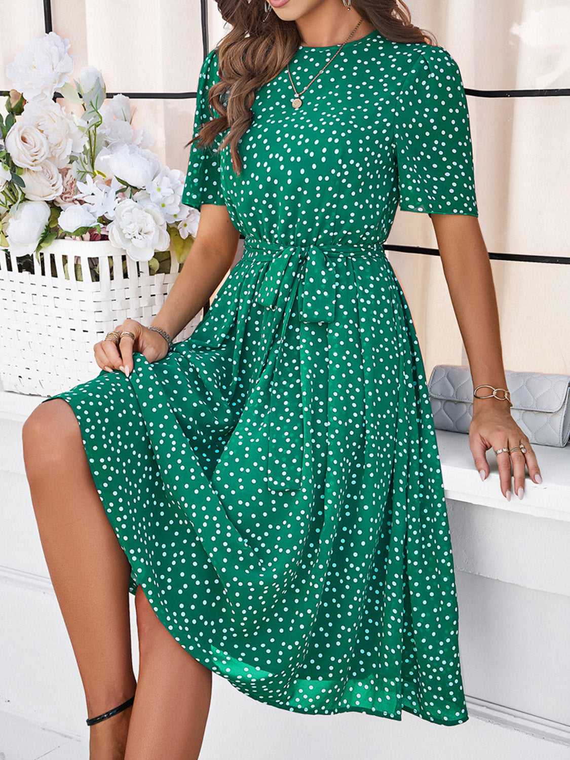 Devine Printed Round Neck Short Sleeve Dress