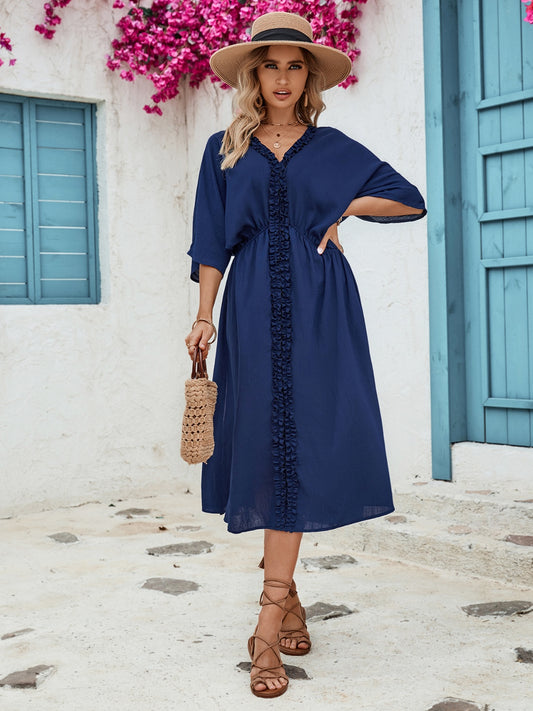 Honey Frill Slit V-Neck Three-Quarter Sleeve Dress