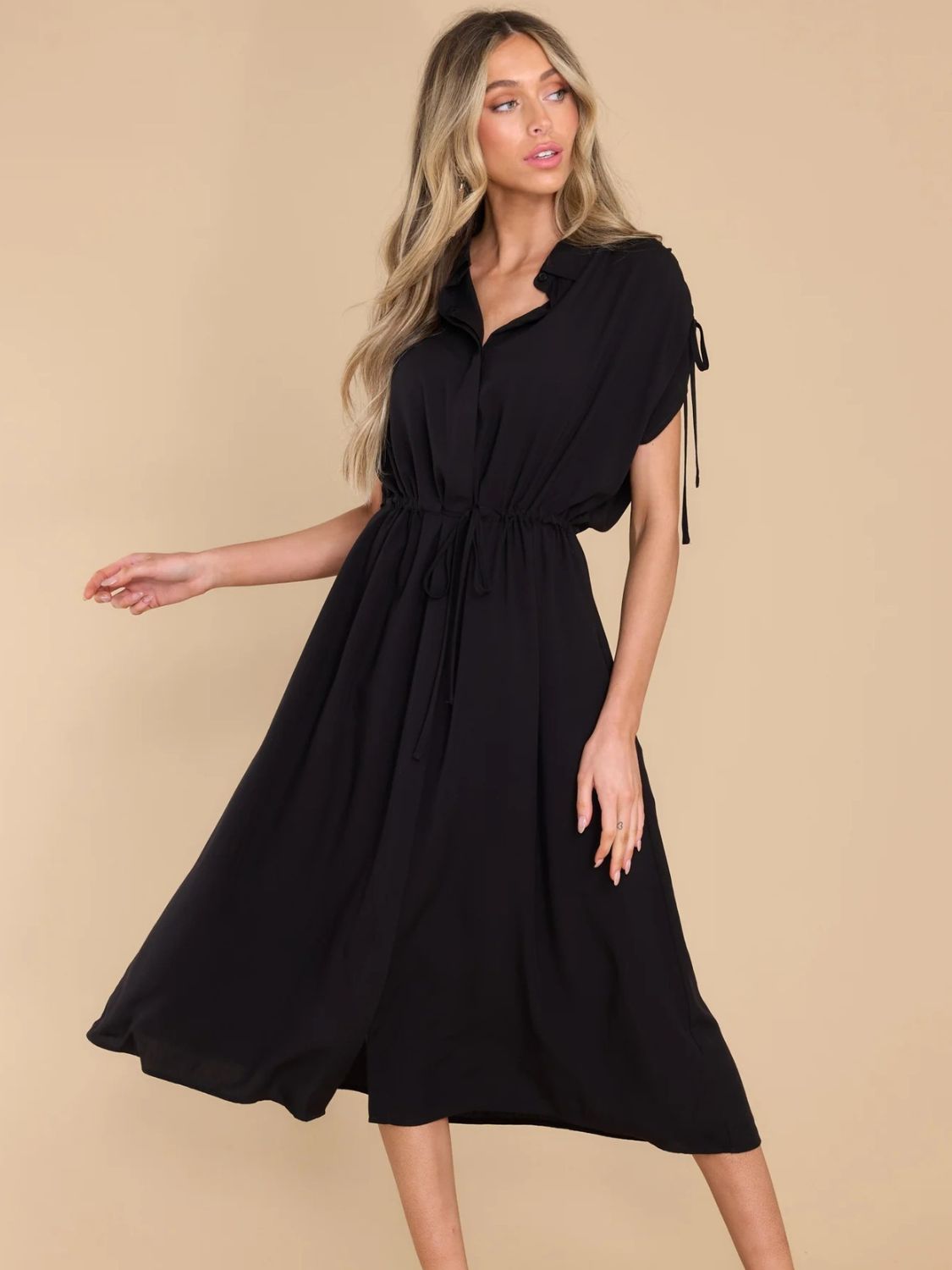 Drawstring Collared Neck Short Sleeve Midi Dress