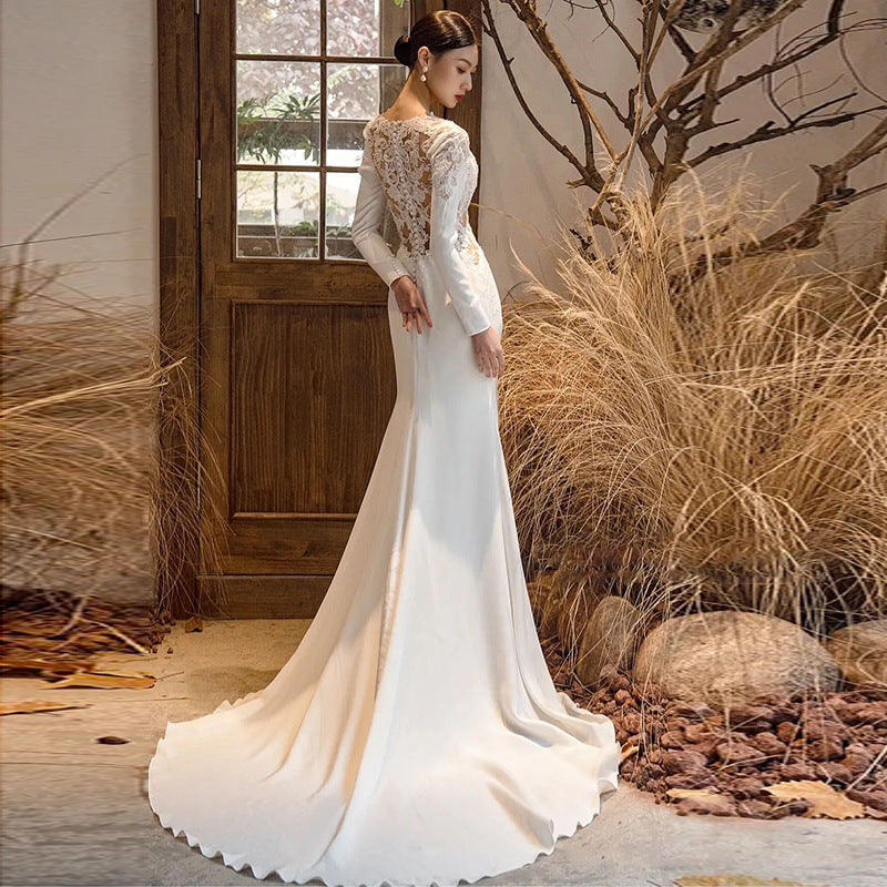 Satin Light Wedding Dress Long Sleeved Slim Fishtail Lace French