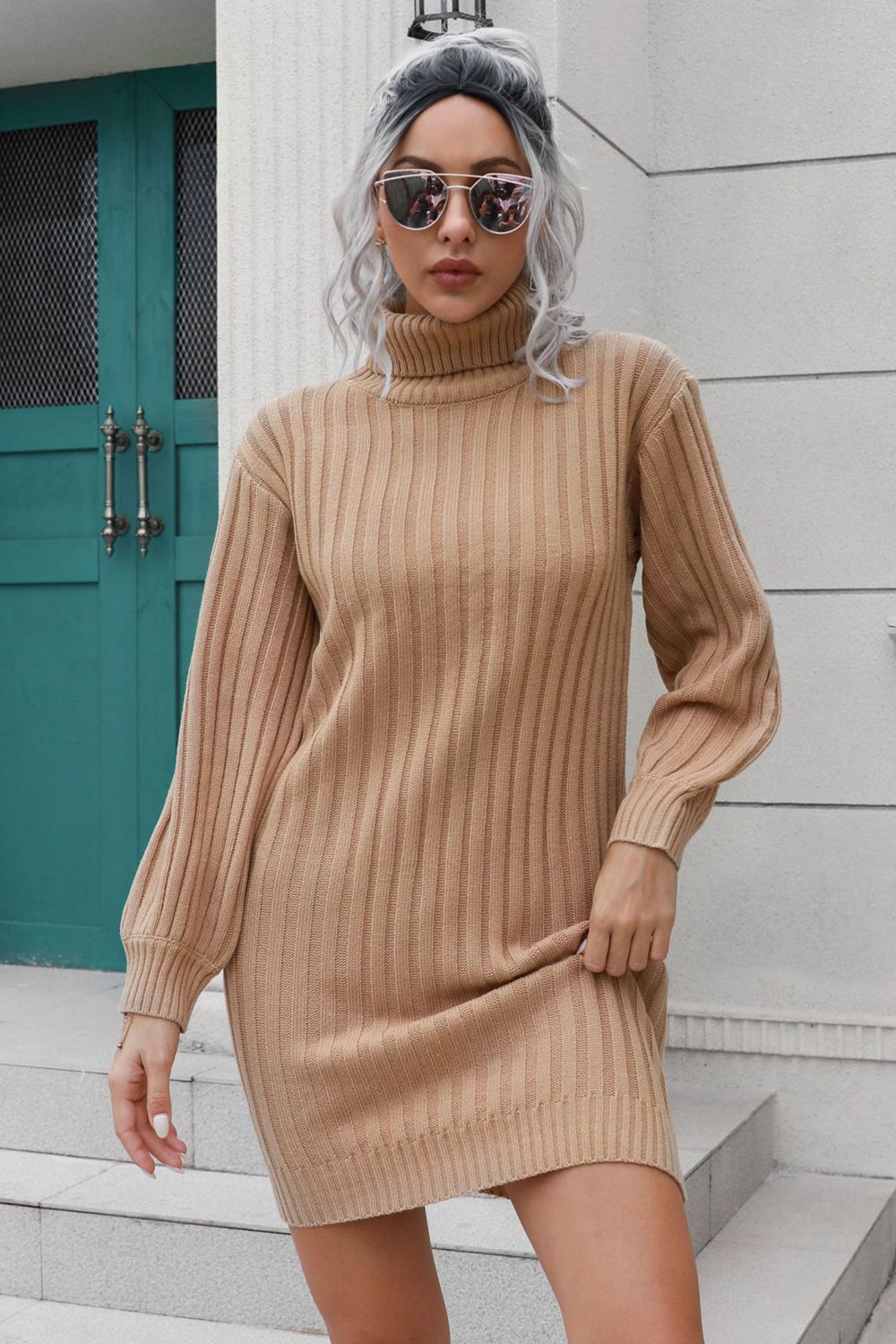 Ribbed Turtle Neck Long Sleeve Mini Sweater Dress