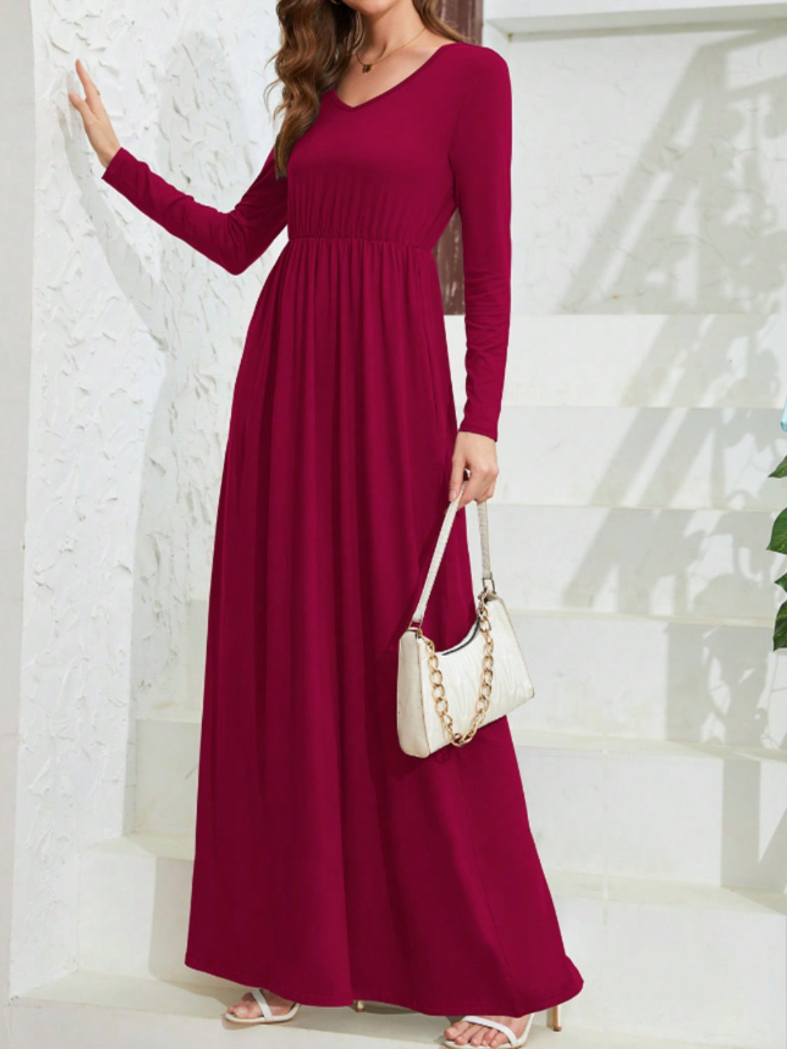 Pocketed V-Neck Long Sleeve Maxi Dress