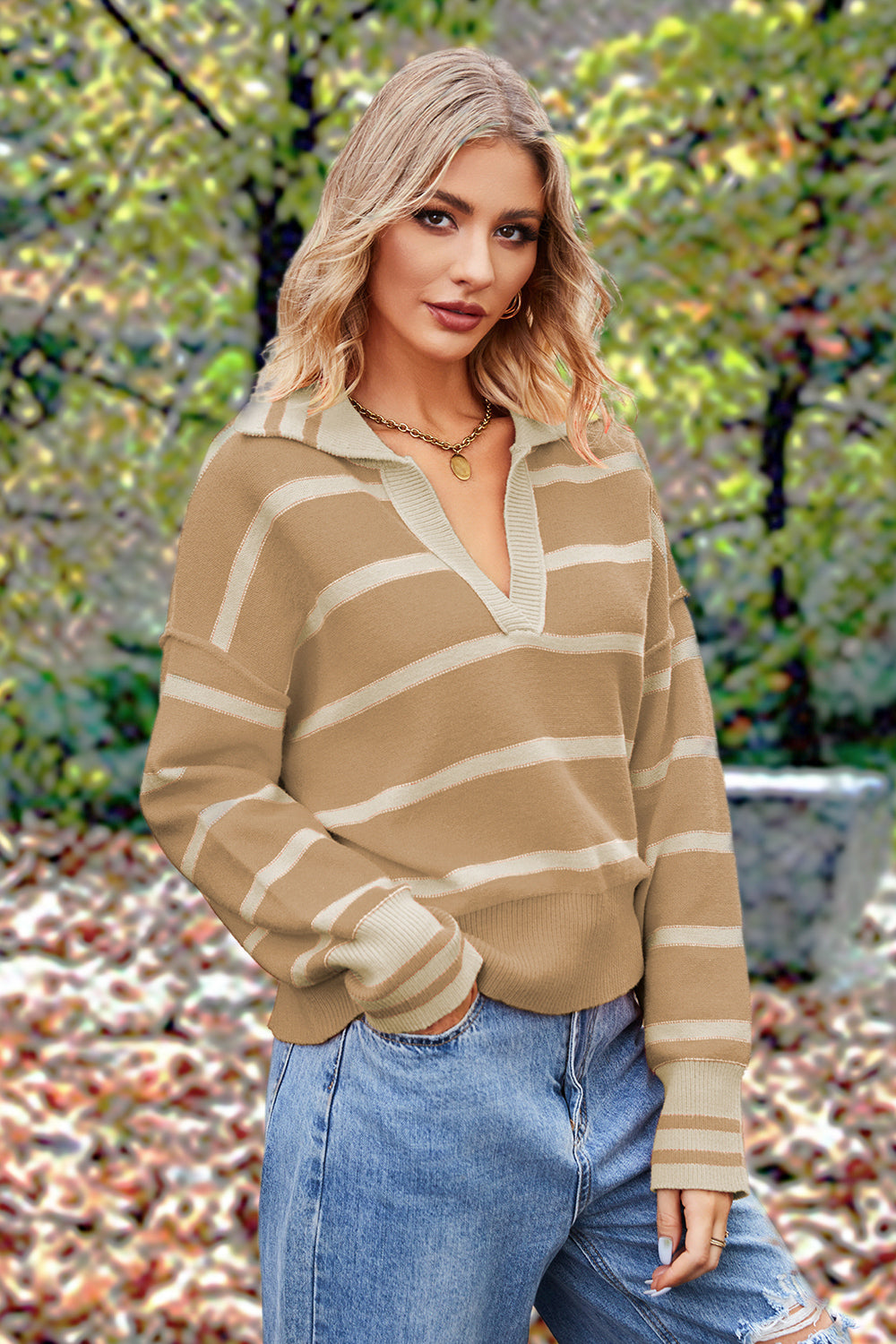 Striped Collared Long Sleeve Sweater