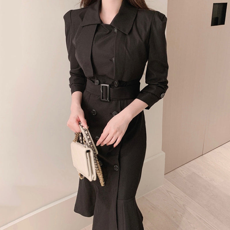 Women's Elegance Suit Collar Double Breasted Lace-Up Dress