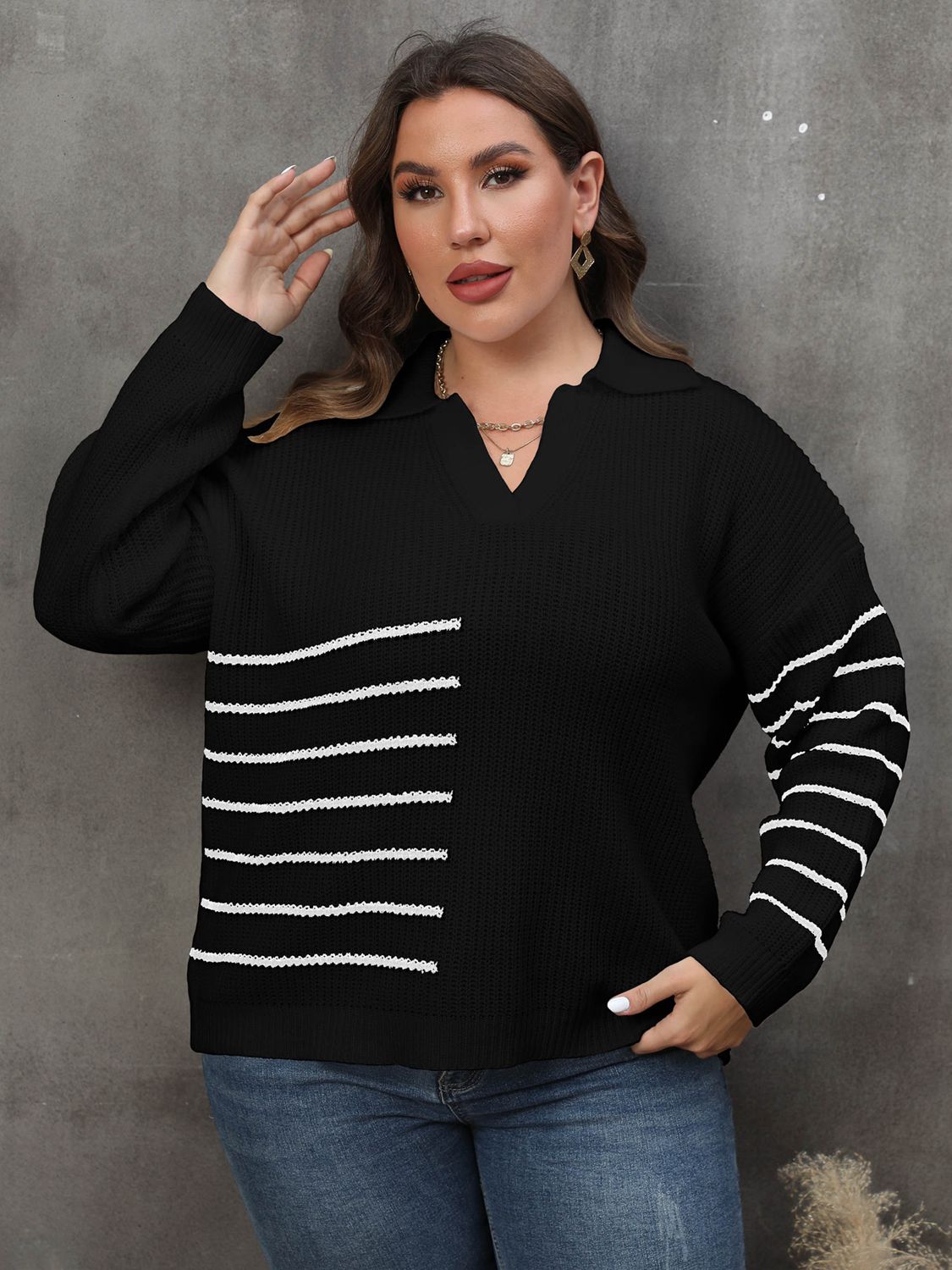 Plus Size Striped V-Neck Sweater