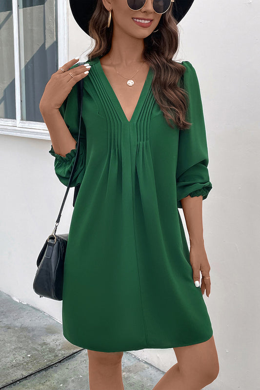 Perfee Ruched V-Neck Flounce Sleeve Dress