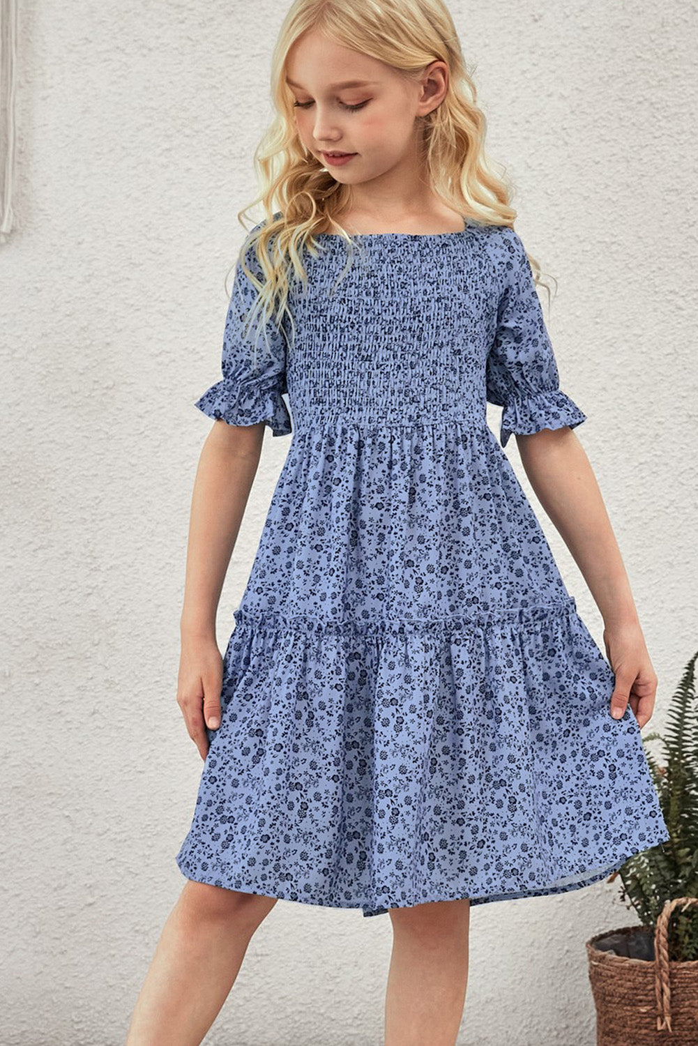 Girls Printed Smocked Flounce Sleeve Dress