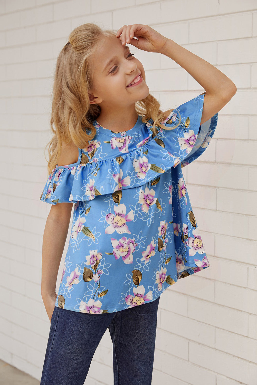 Girls Floral Cold-Shoulder Ruffled Top