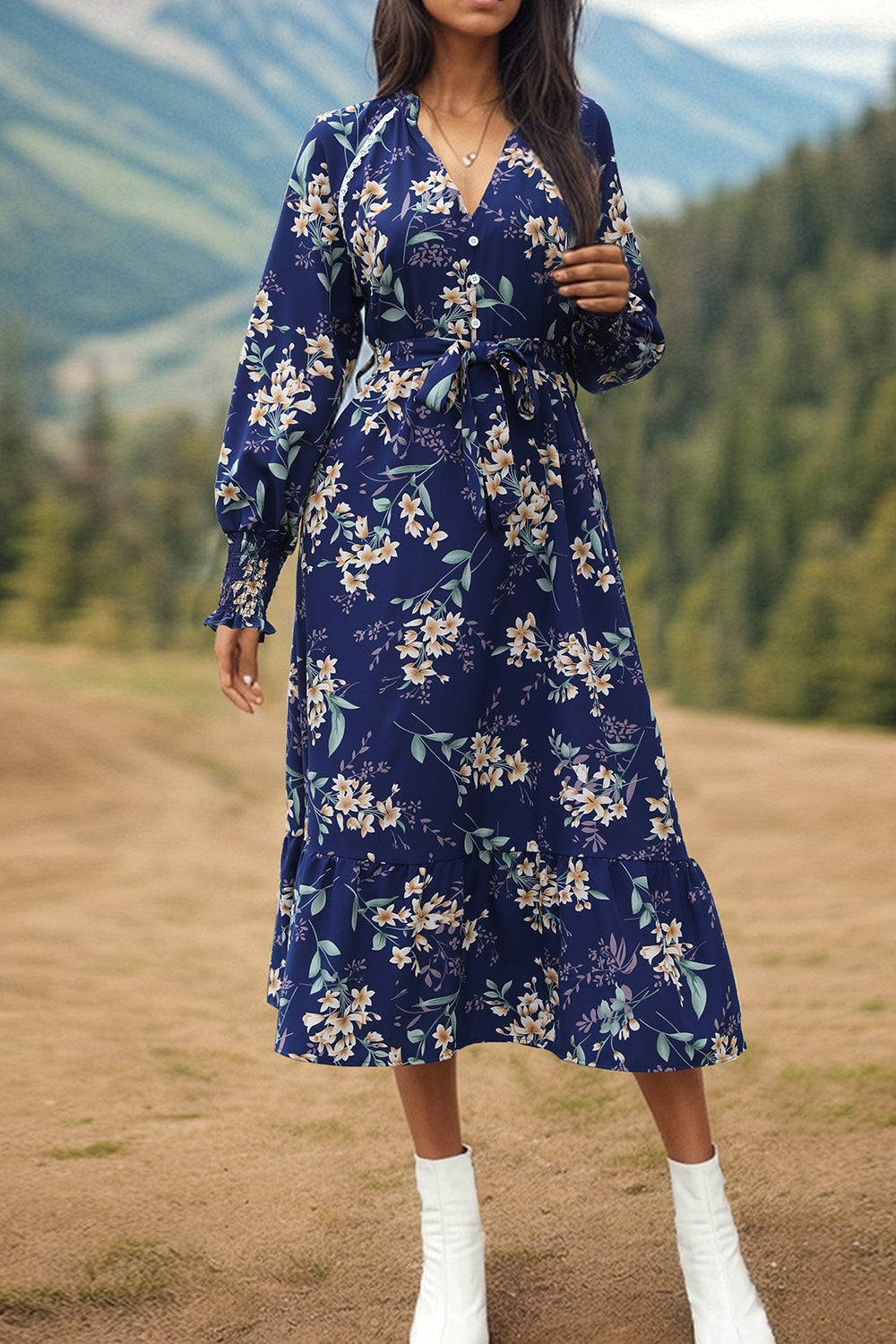 Perfee Printed Notched Lantern Sleeve Midi Dress