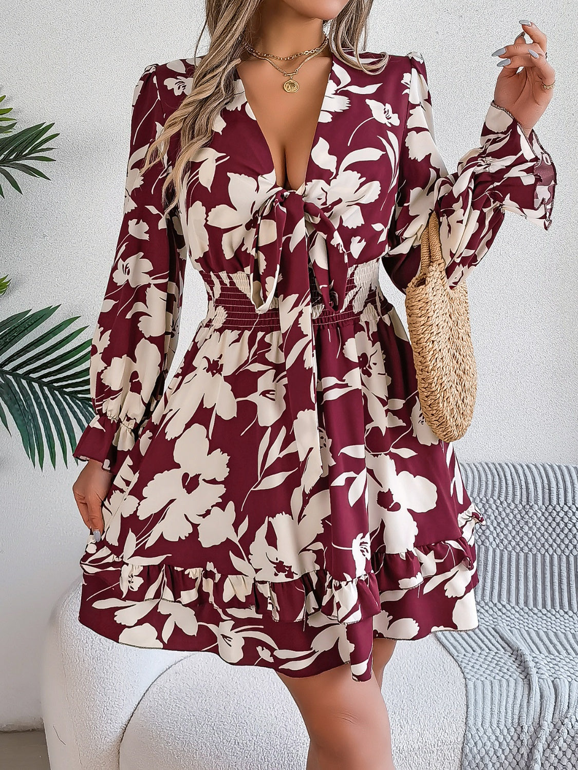 Tied Ruffled Printed Long Sleeve Dress