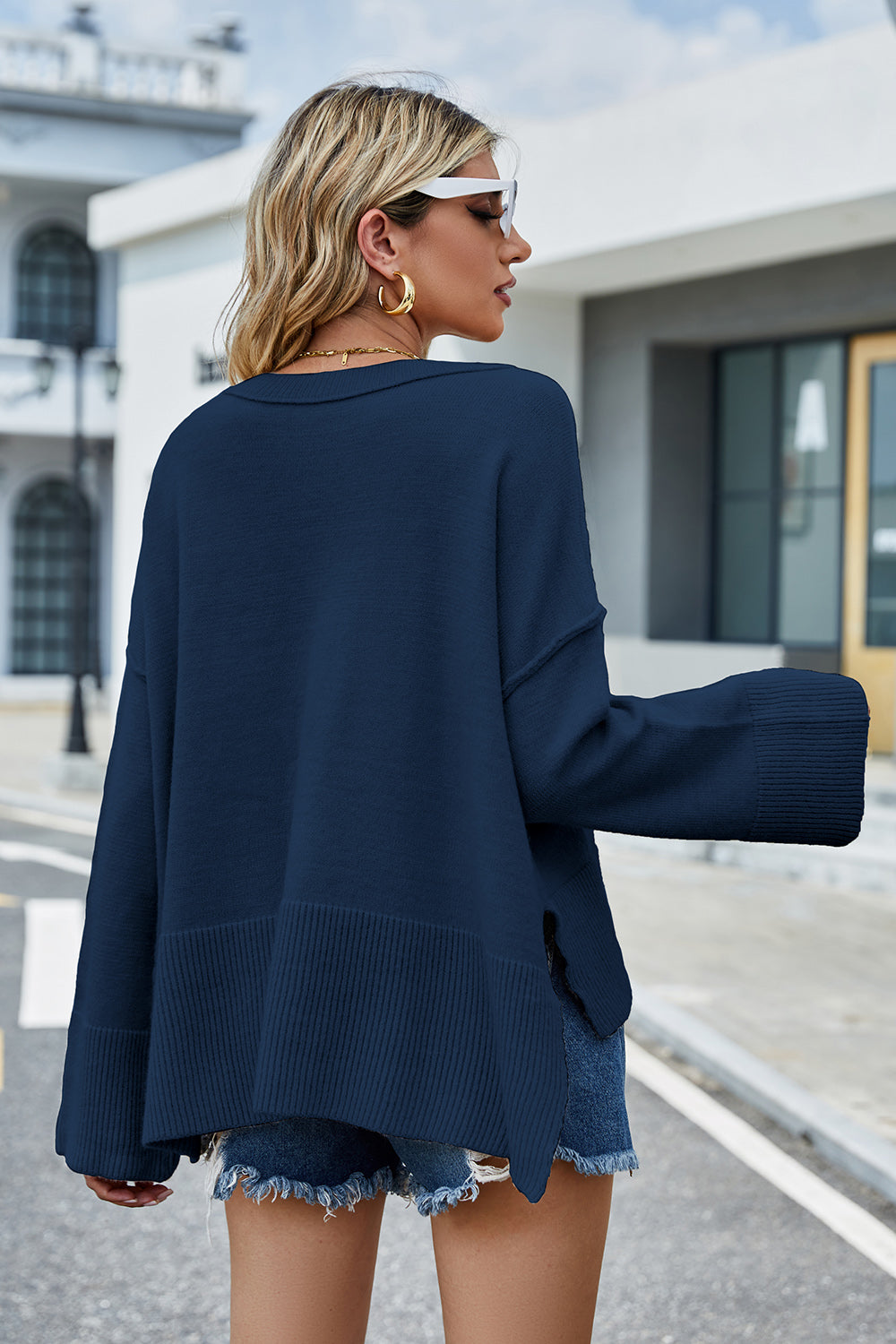 High-Low Slit Round Neck Long Sleeve Sweater