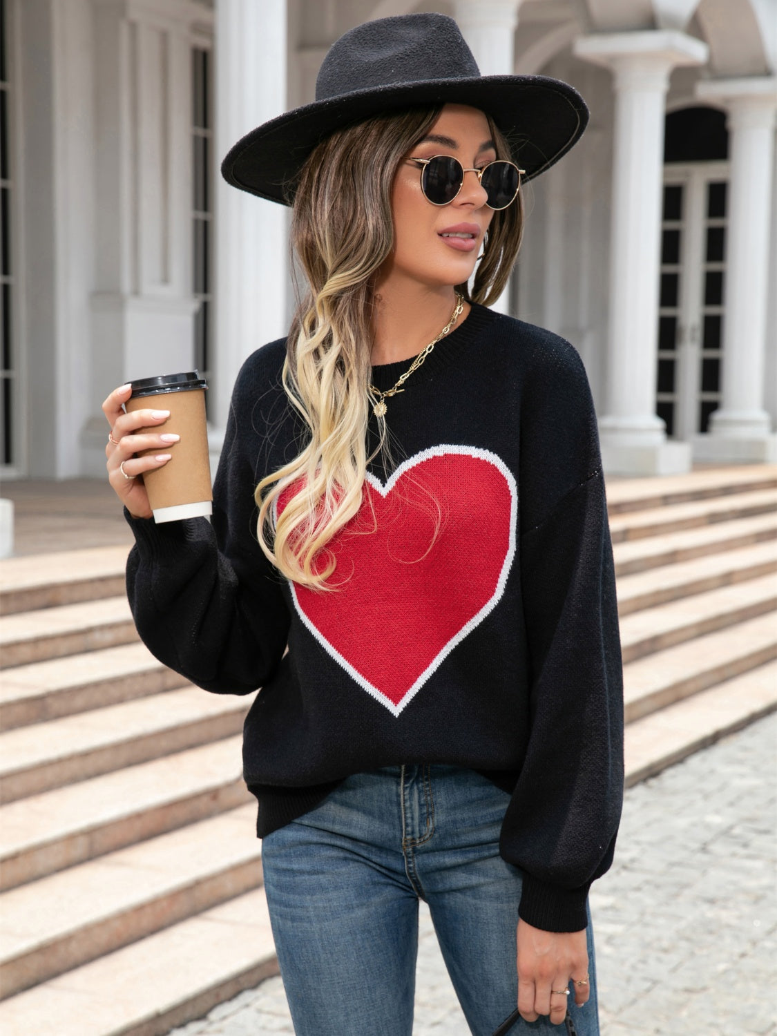 Heart Graphic Round Neck Sweater