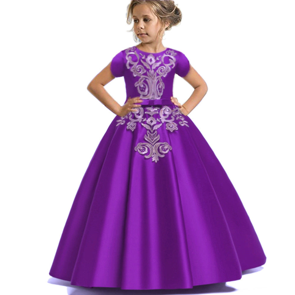 Children's Dress High-end Satin Embroidered Umbrella Princess Dress Long Flower Girl Wedding Dress