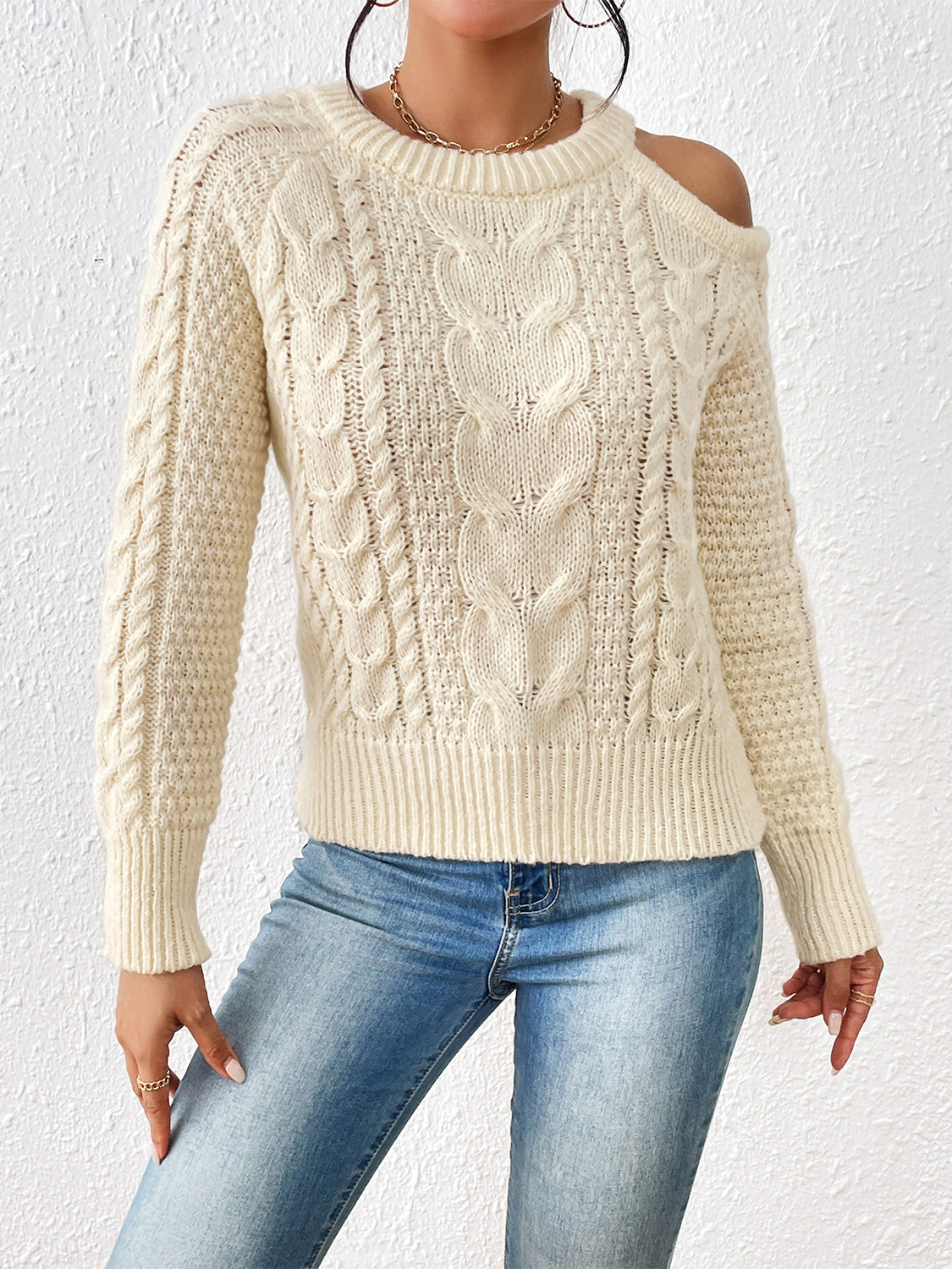 Cable-Knit Cold-Shoulder Sweater