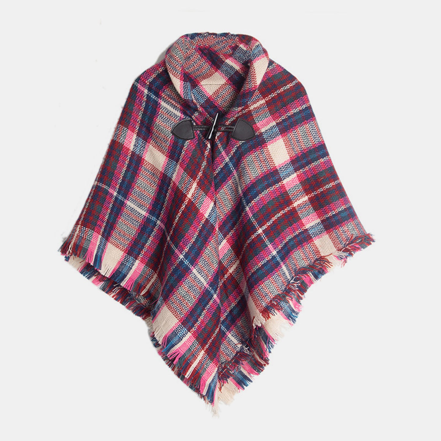 Plaid Horn Buckle Fringe Hem Shawl