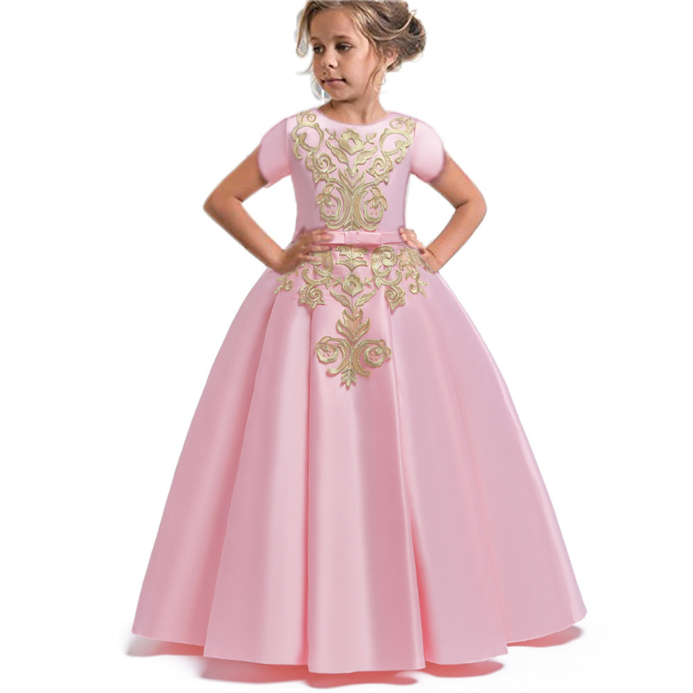 Children's Dress High-end Satin Embroidered Umbrella Princess Dress Long Flower Girl Wedding Dress