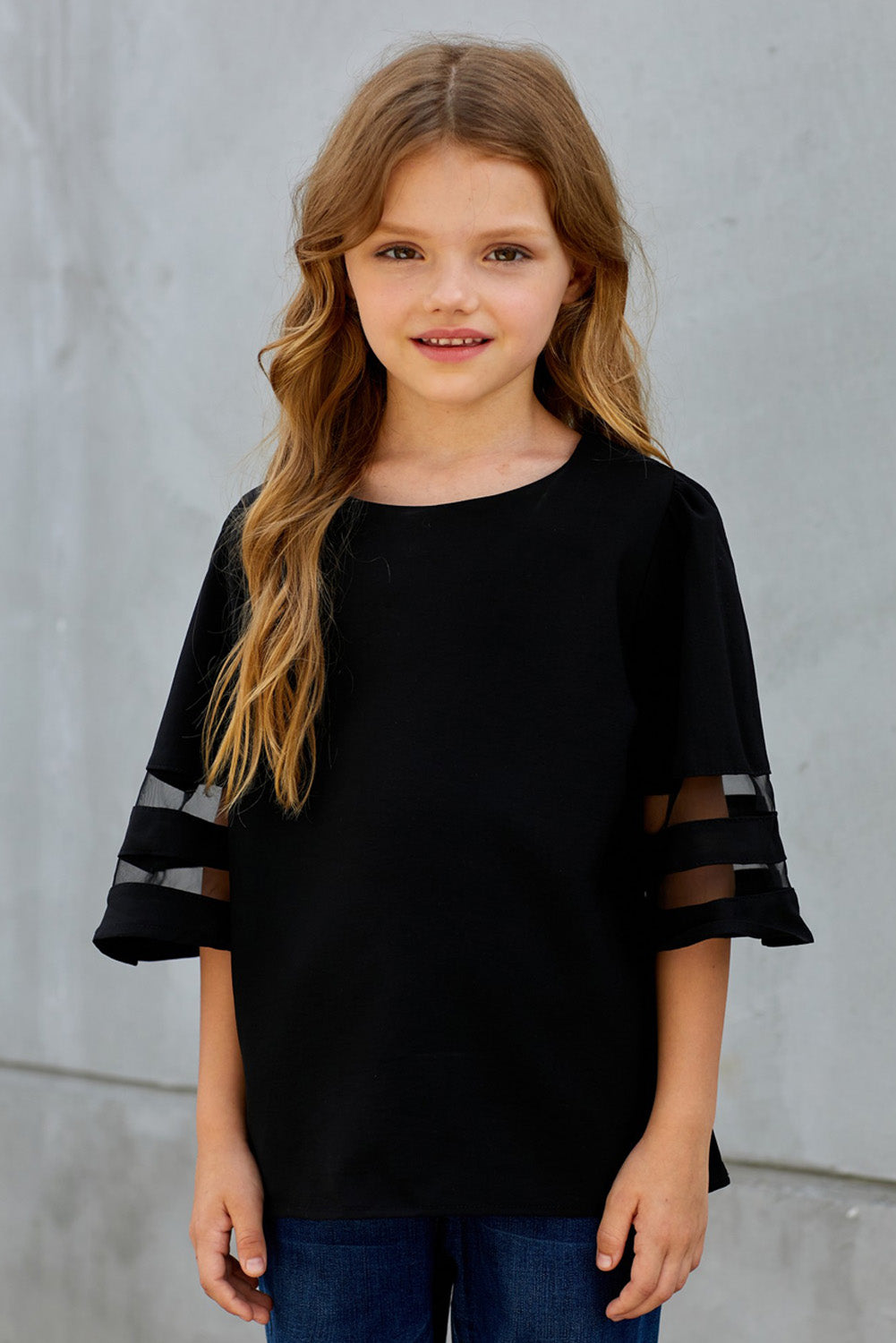 Girls Sheer Striped Flare Sleeve Tee Shirt