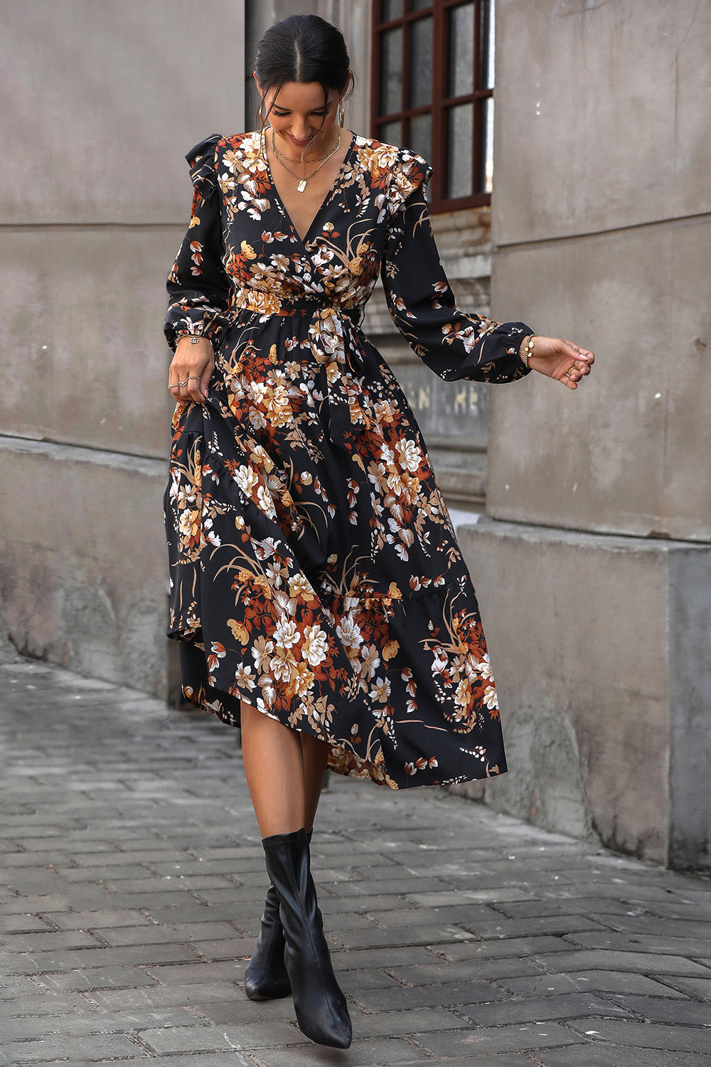 Perfee Floral Surplice Tie Front Ruffle Hem Midi Dress