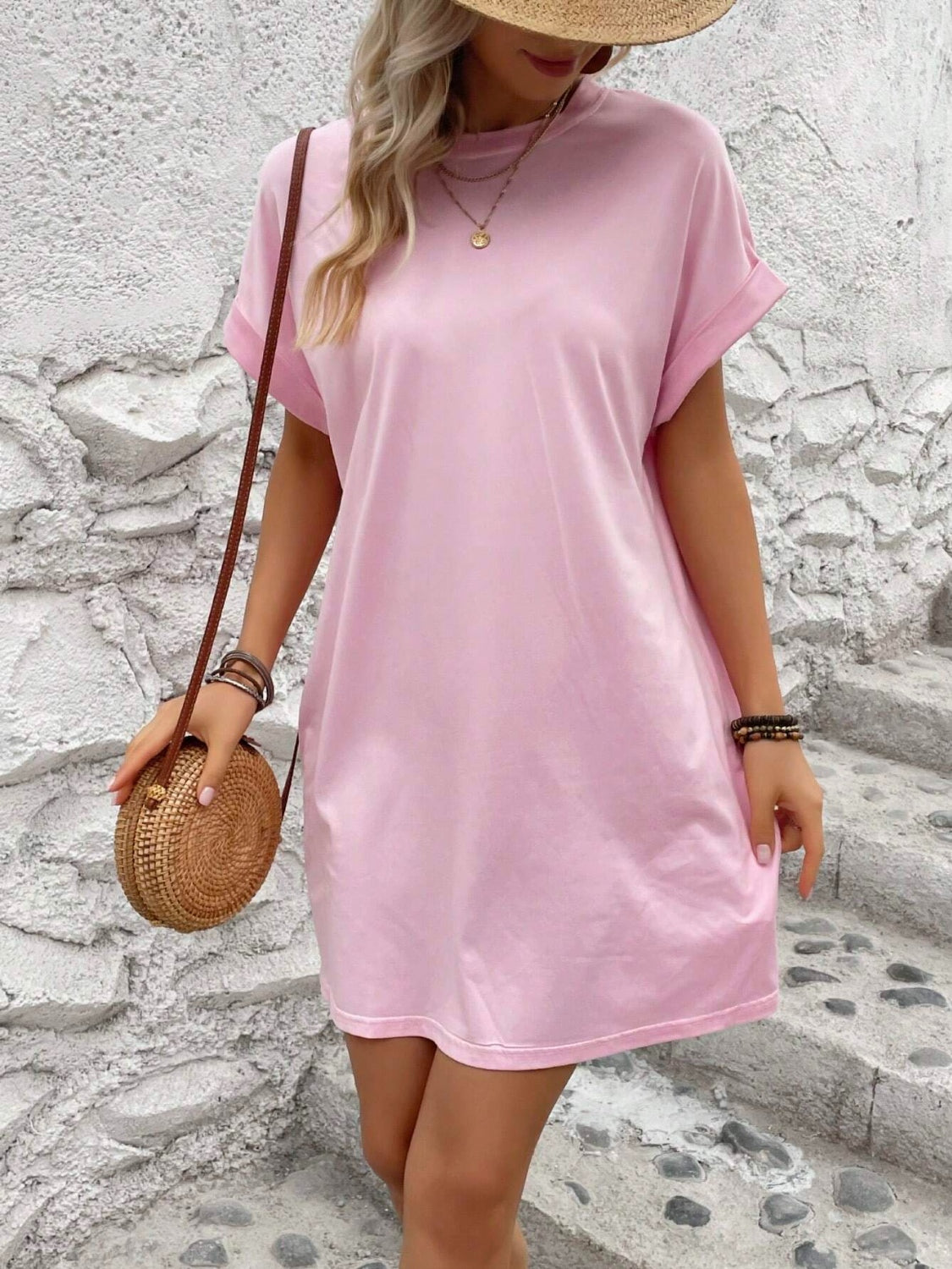 Round Neck Short Sleeve Mini Dress