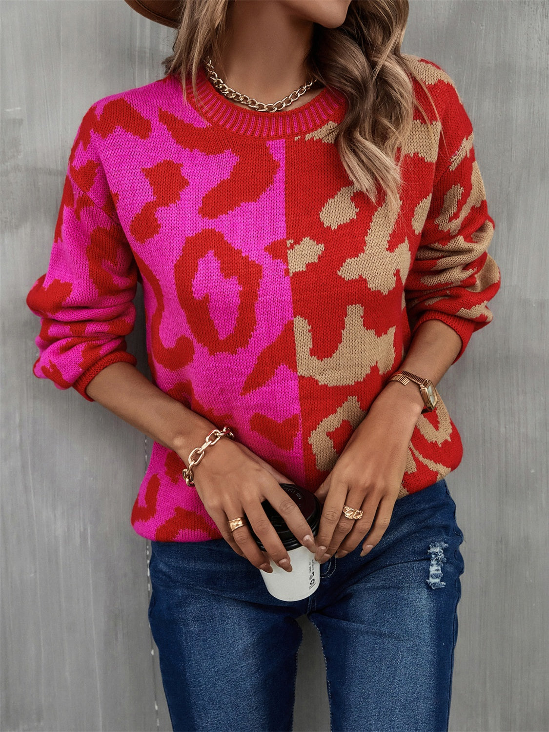 Leopard Round Neck Long Sleeve Sweater