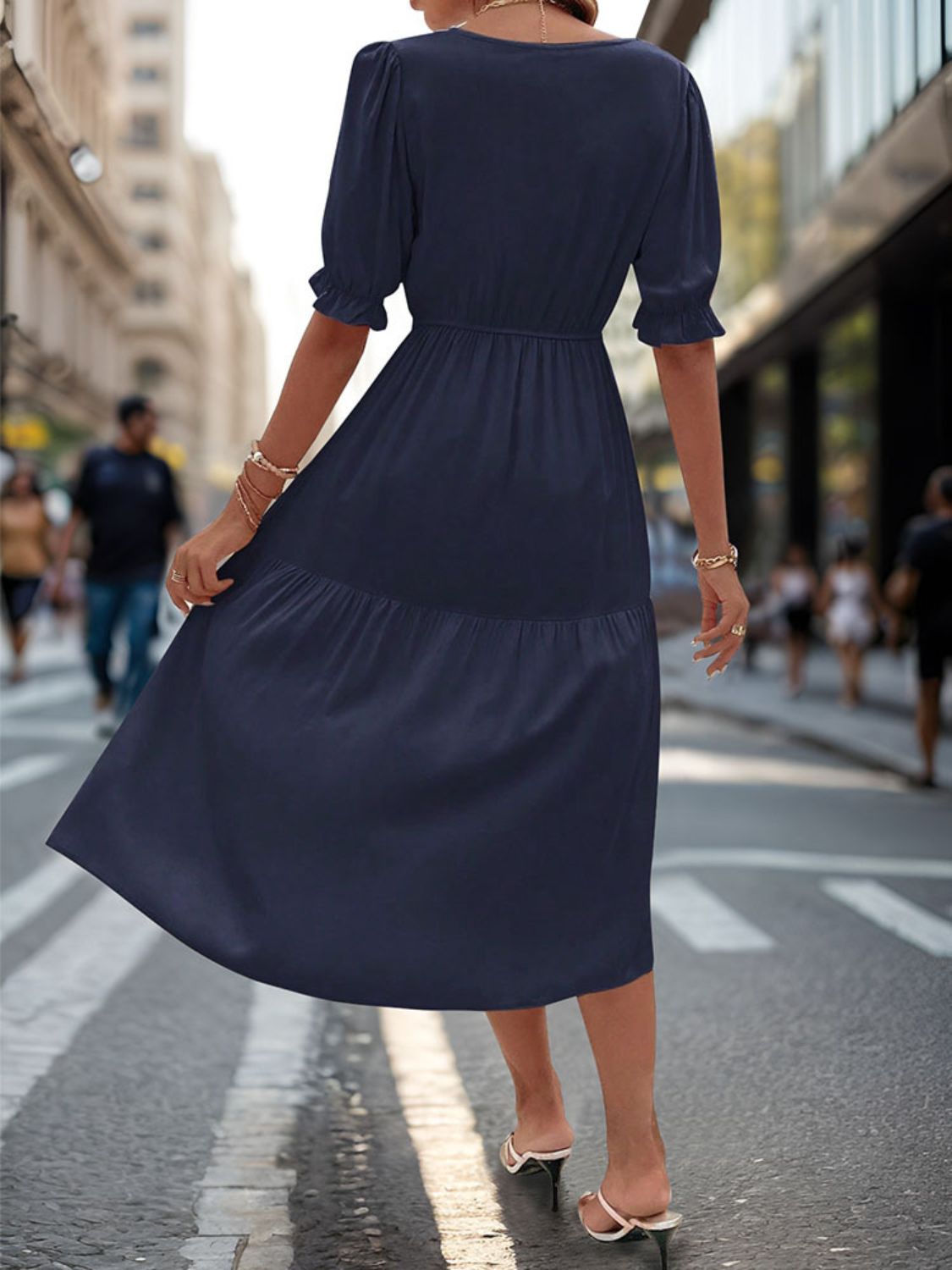 Perfee Ruched V-Neck Half Sleeve Midi Dress