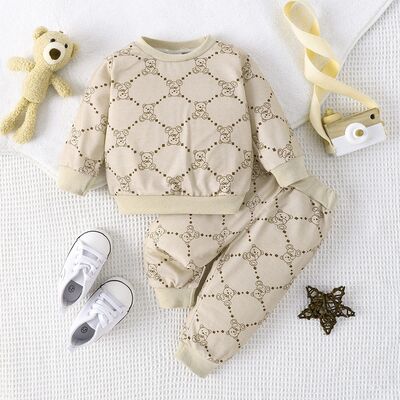 Bear Print Round Neck Top and Elastic Waist Pants Set