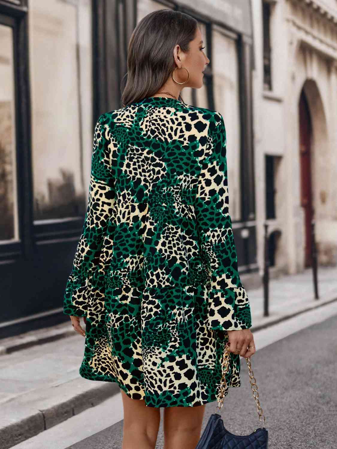 Leopard Notched Long Sleeve Dress