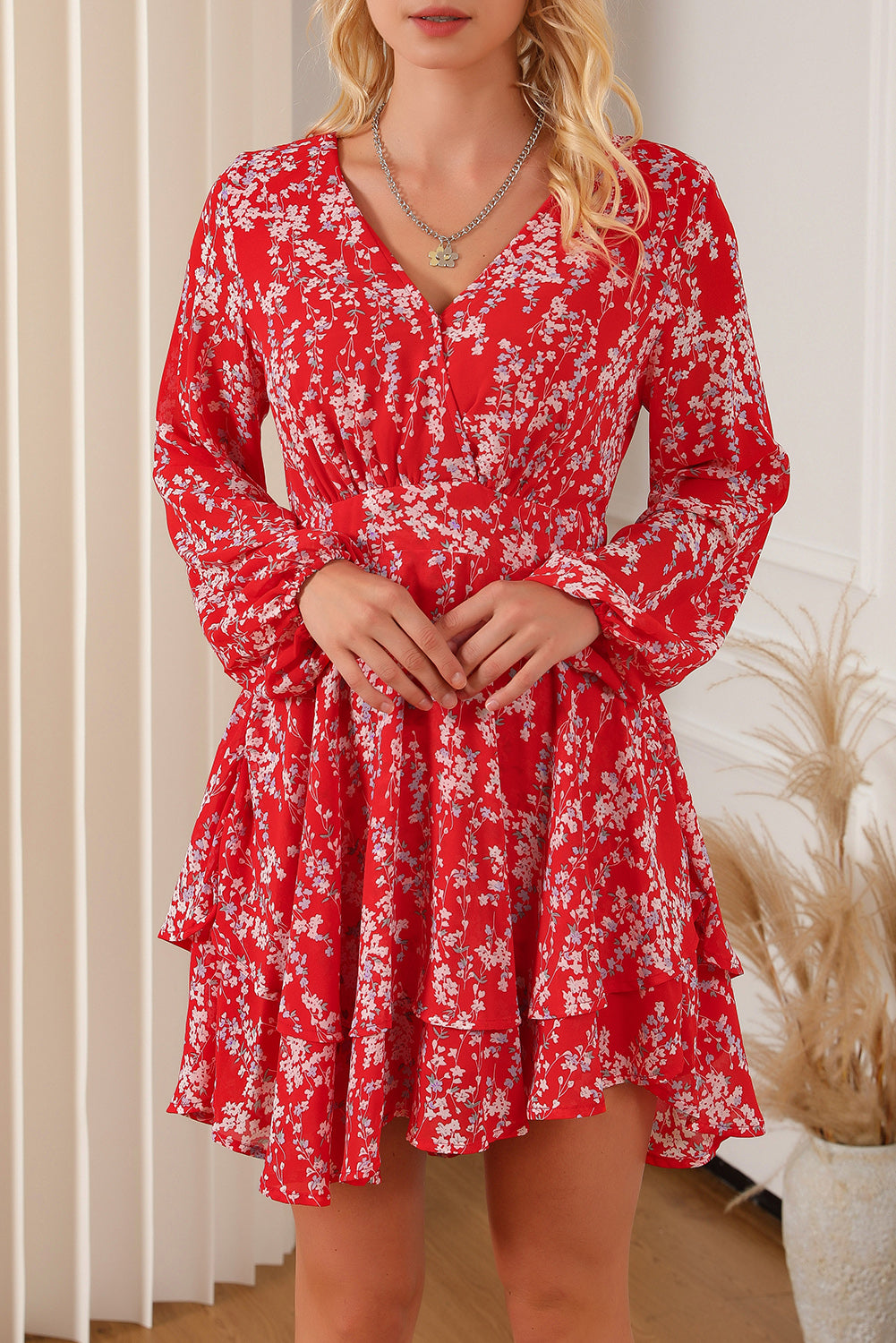 Printed Surplice Balloon Sleeve Layered Dress