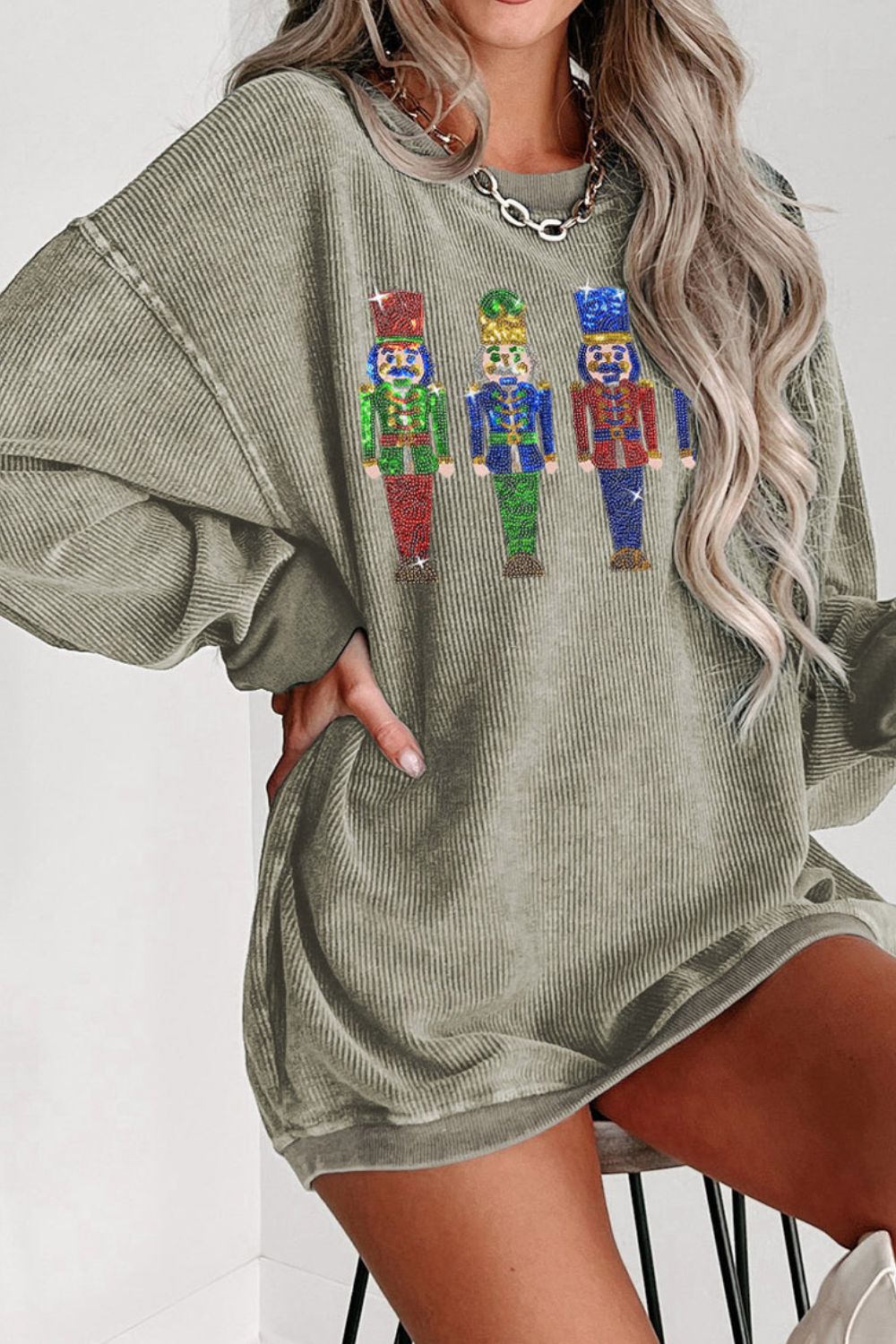 Sequin Nutcracker Drop Shoulder Sweatshirt