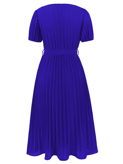 Pleated Surplice Tie Waist Midi Dress