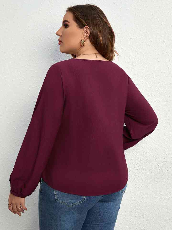 Plus Size Round Neck Tie Waist Long Sleeve Blouse