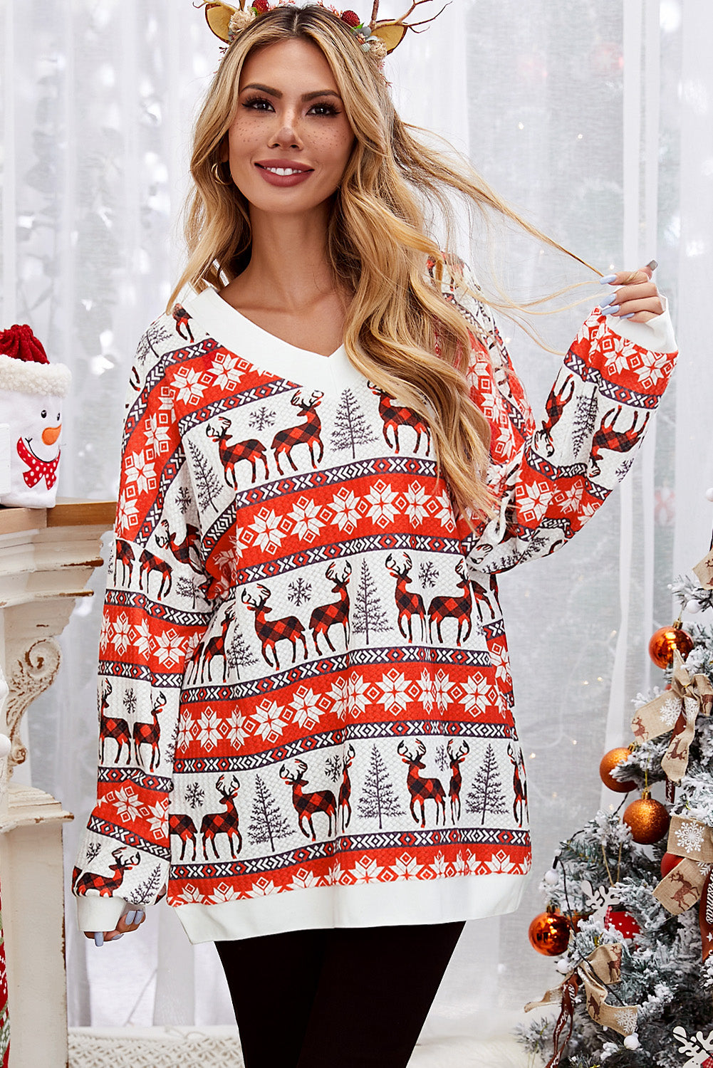 Reindeer V-Neck Long Sleeve Top