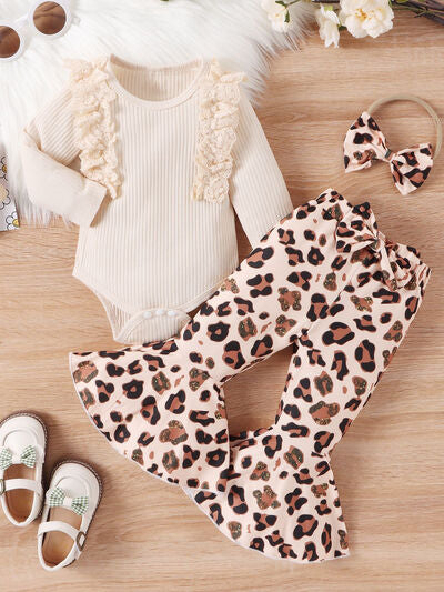 Lace Detail Round Neck Bodysuit and Bow Pants Set