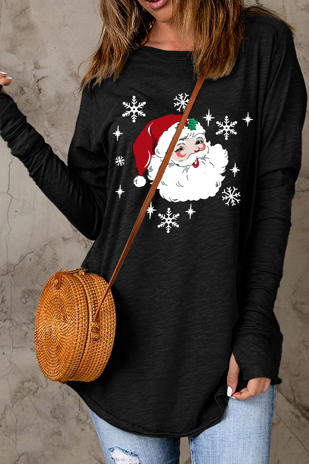 Santa Graphic Round Neck Long Sleeve T-Shirt