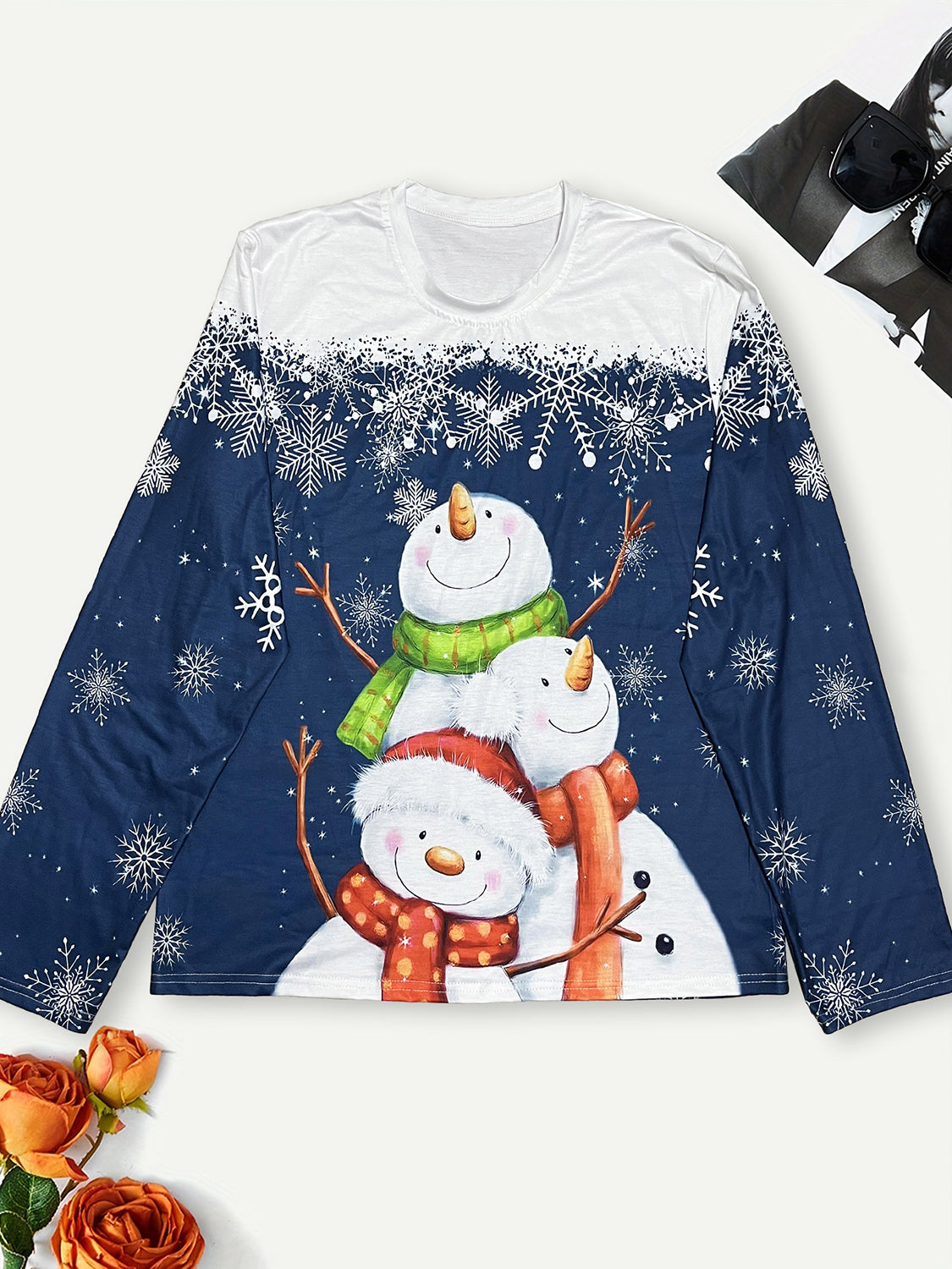 Plus Size Snowman & Snowflake Round Neck T-Shirt