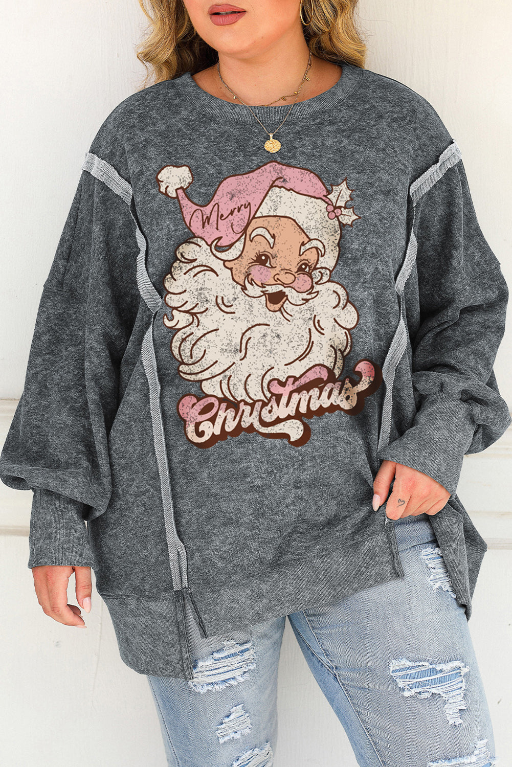 Plus Size Santa Graphic Exposed Seam Long Sleeve Sweatshirt