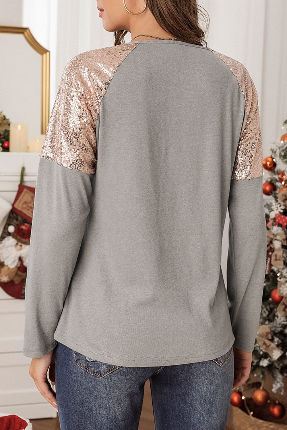 MERRY CHRISTMAS Sequin Round Neck Blouse