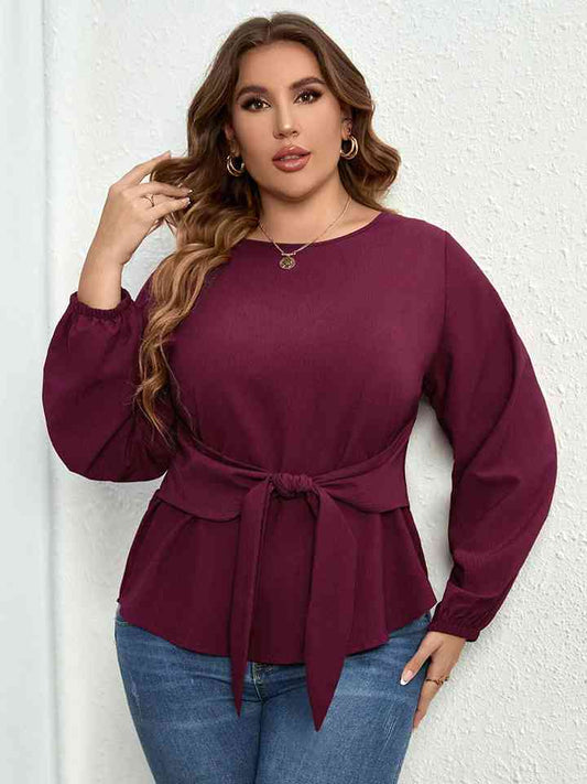 Plus Size Round Neck Tie Waist Long Sleeve Blouse