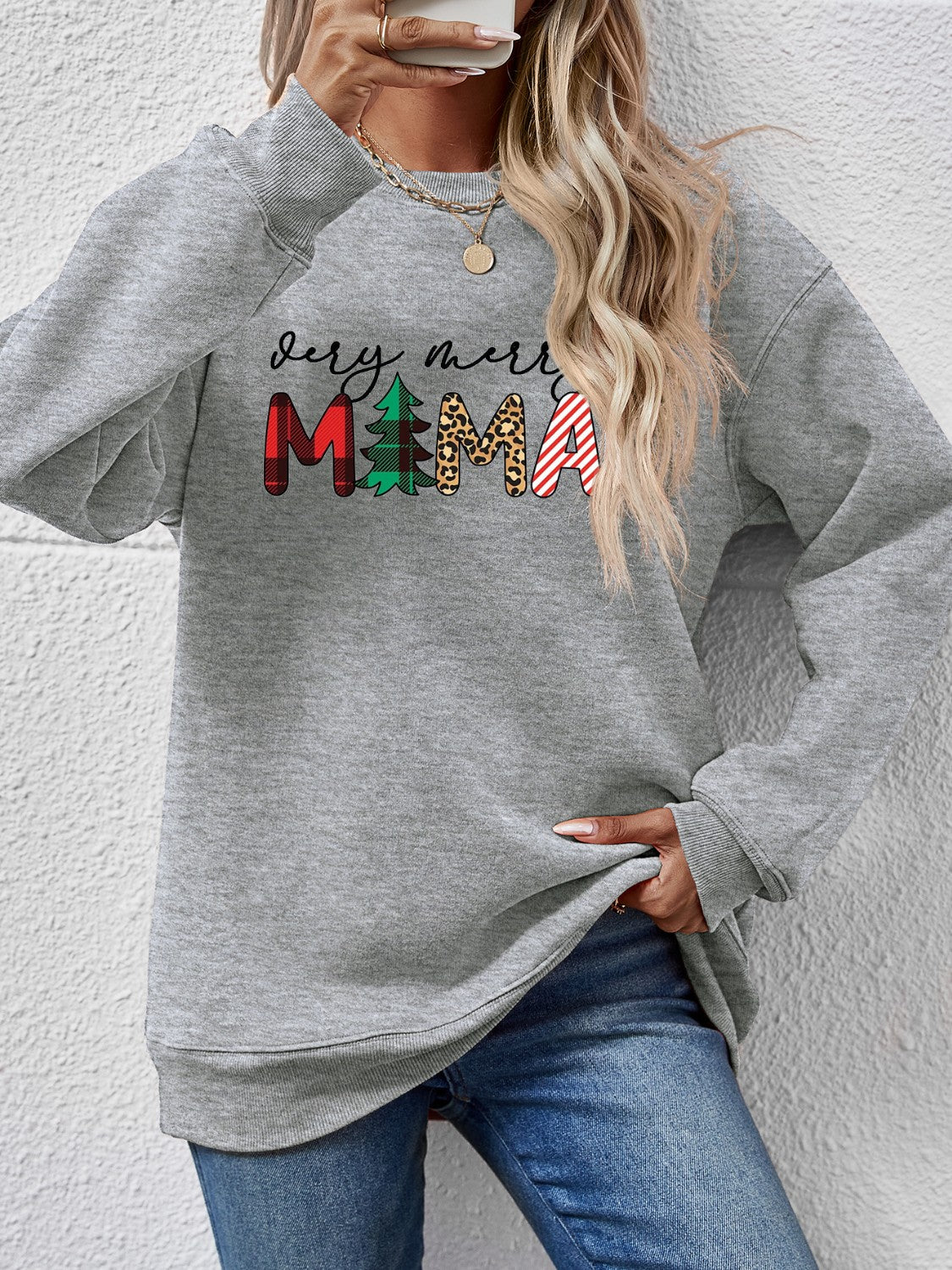 Letter Graphic Round Neck Long Sleeve Sweatshirt