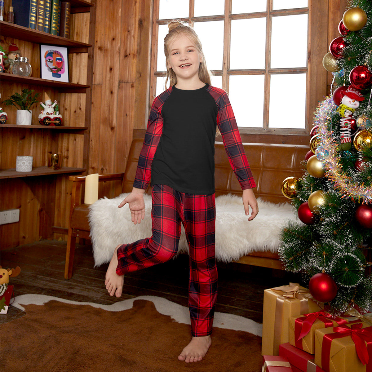 Raglan Sleeve Top and Plaid Pants Set