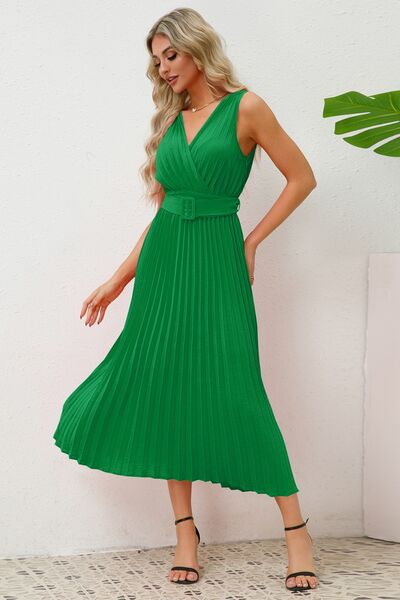 Surplice Sleeveless Midi Pleated Dress