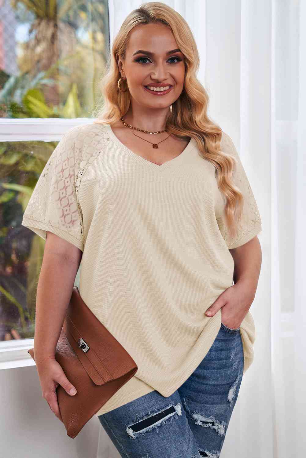 Plus Size Spliced Lace V-Neck Top