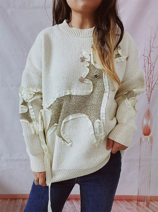 Reindeer Round Neck Long Sleeve Sweater